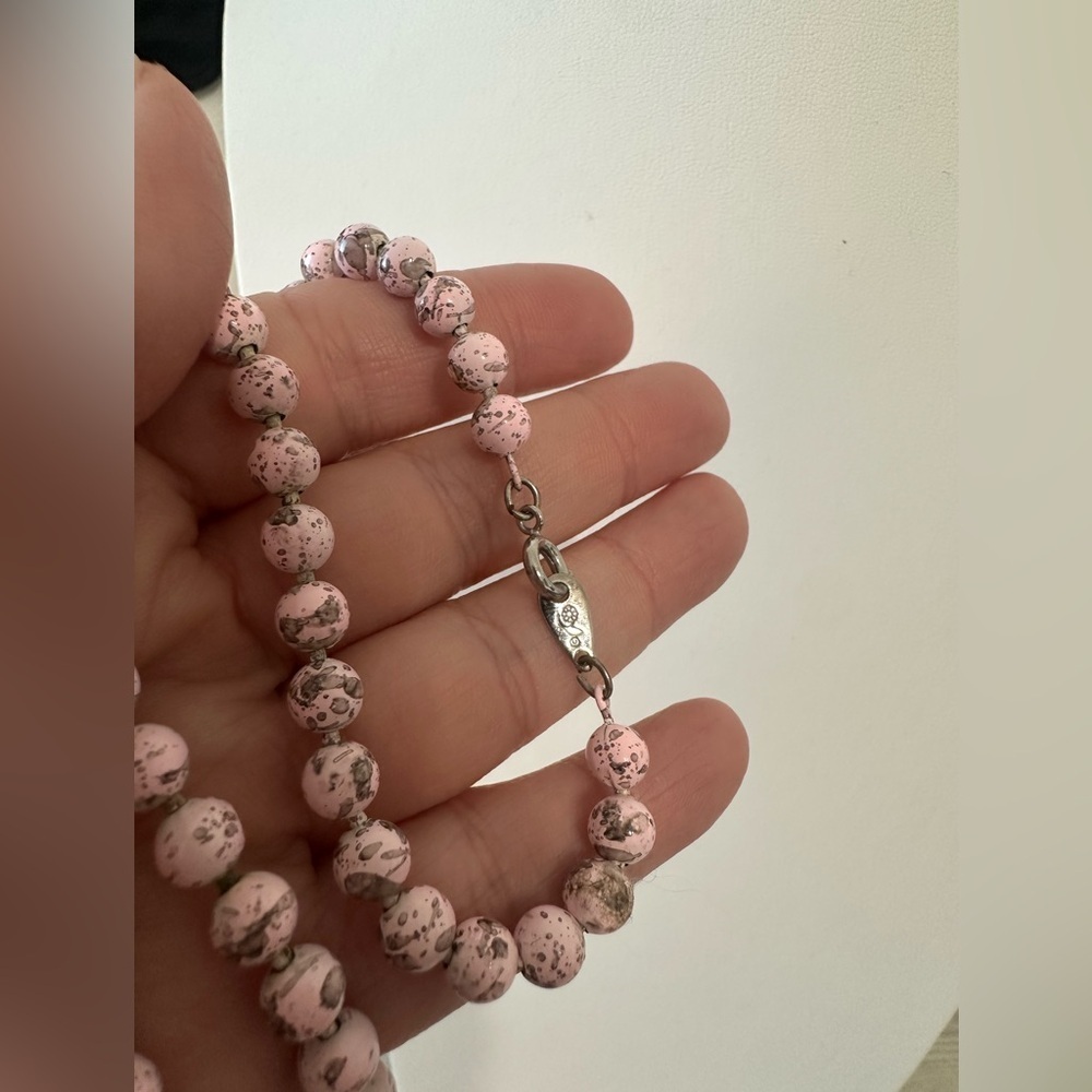 Pink Speckled Beaded Necklace | Knotted Ceramic Style Beads | Artisan Look - Picture 3 of 10